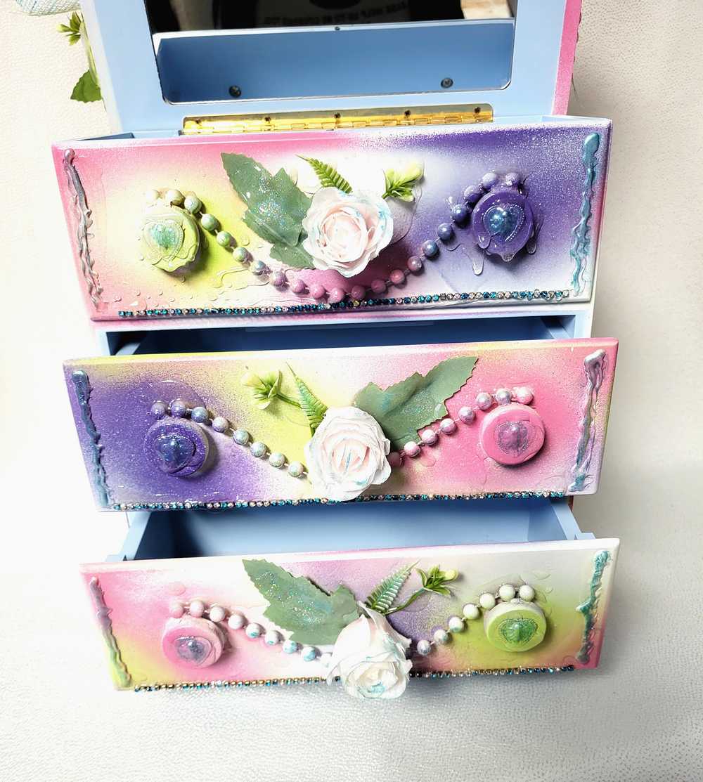 Girls, Ladies Jewelry Box with Pink Roses, a Unicorn, Glittery Lace and Glass Cabochons
