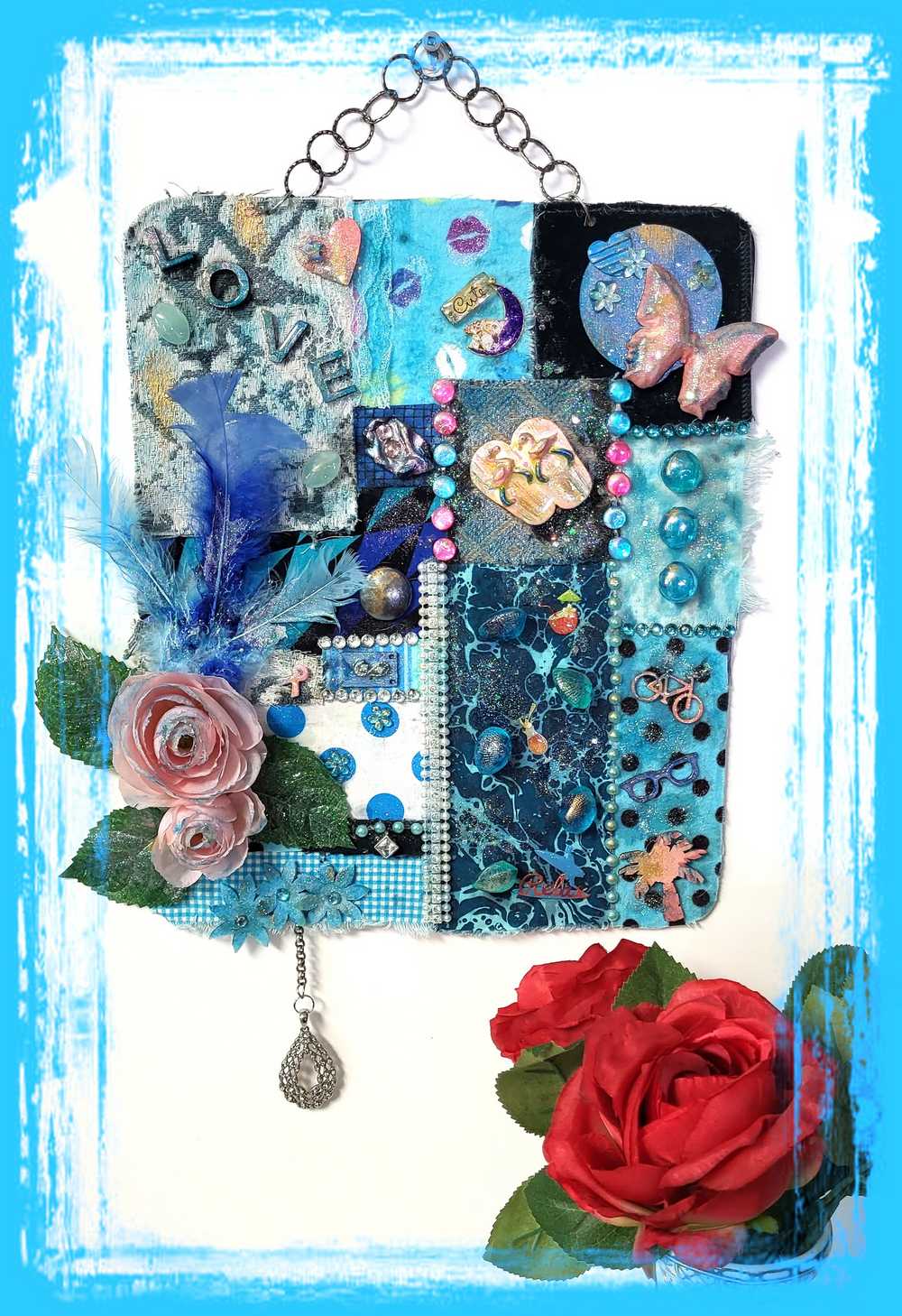 "SWEET TREAT" Wall Collage Hanger using Fabrics in Soft Blues and Teals, Wall Art