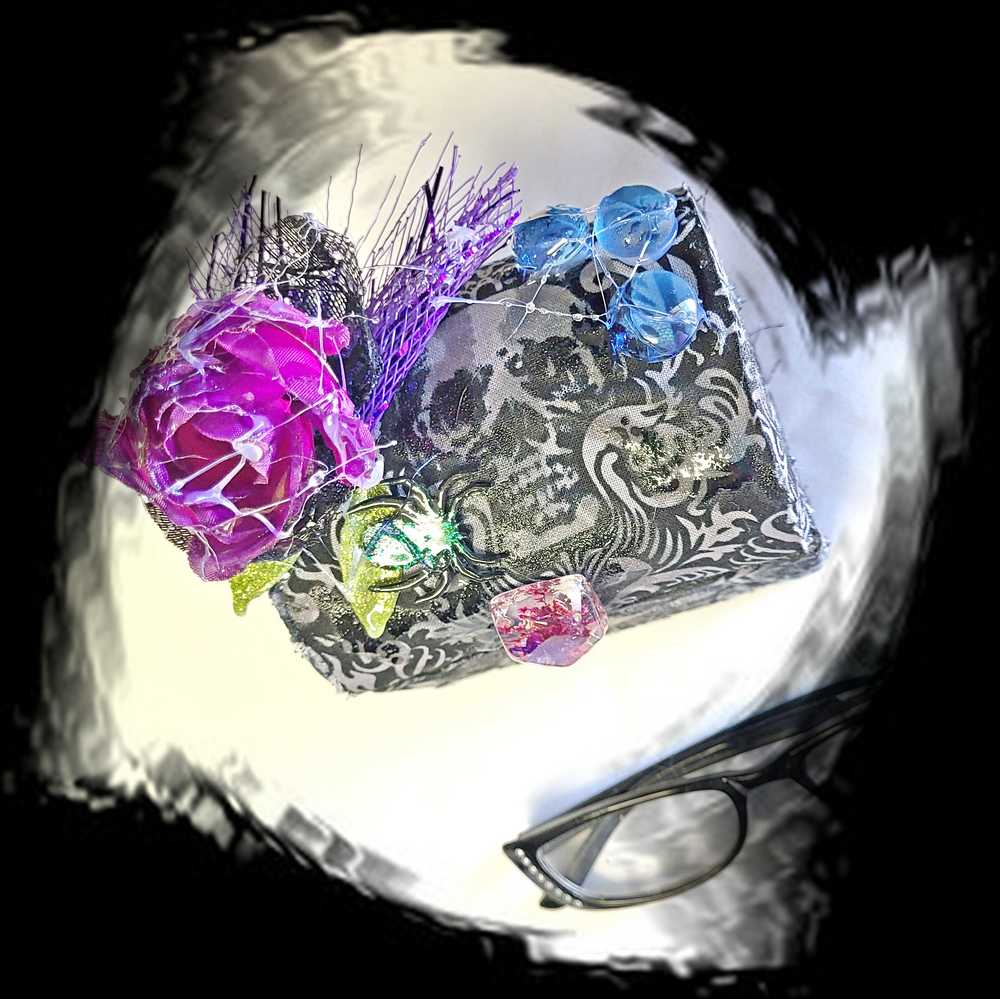 Hump Back Jewelry, Stash, Trinket Box, Covered with Black Skull Fabric, a Purple Rose, Blue Glass Cabochons, Spider,