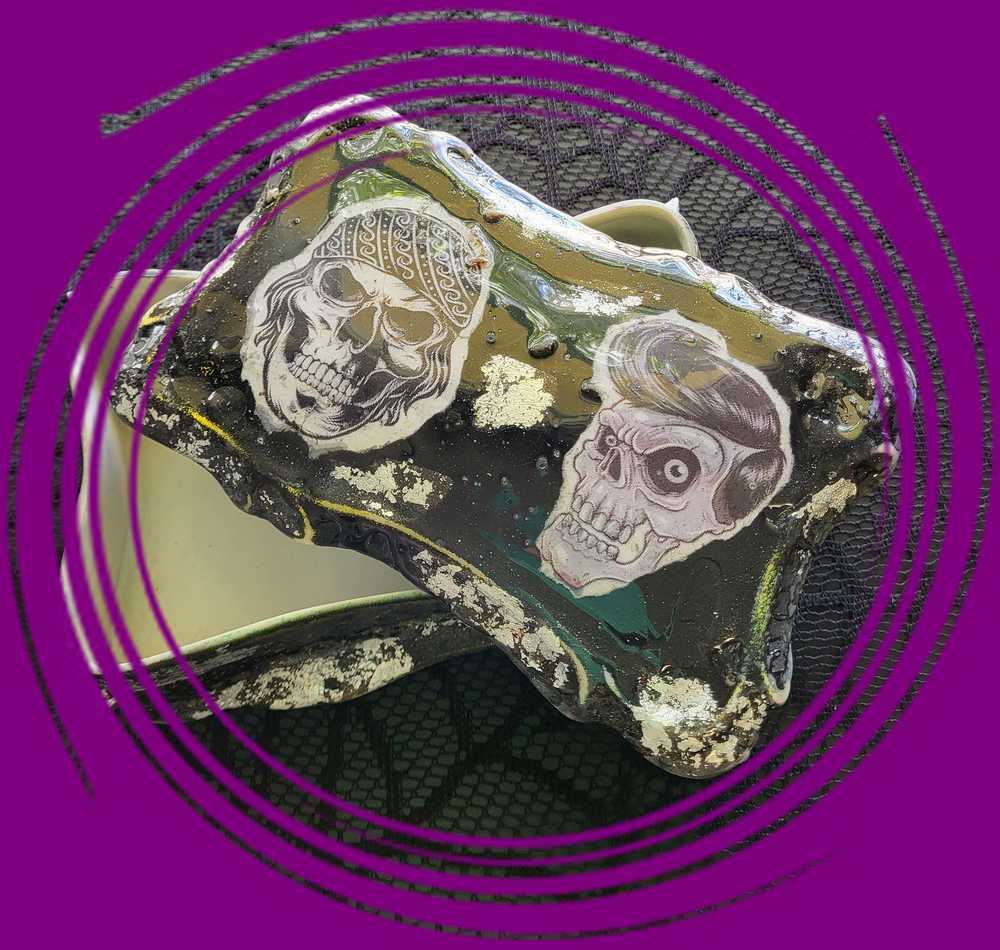 Black Painted Porcelain Trinket/Stash, Jewelry Box with Skull Faces and Silver Studded Domes