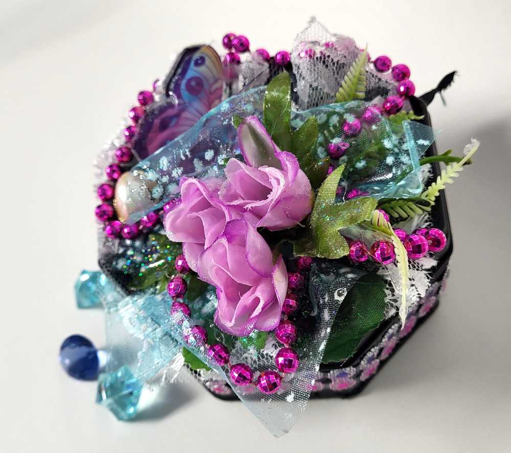 Black Tin Octagon Jewelry, Trinket, Stash Box with Snake Print, Roses and A Butterfly