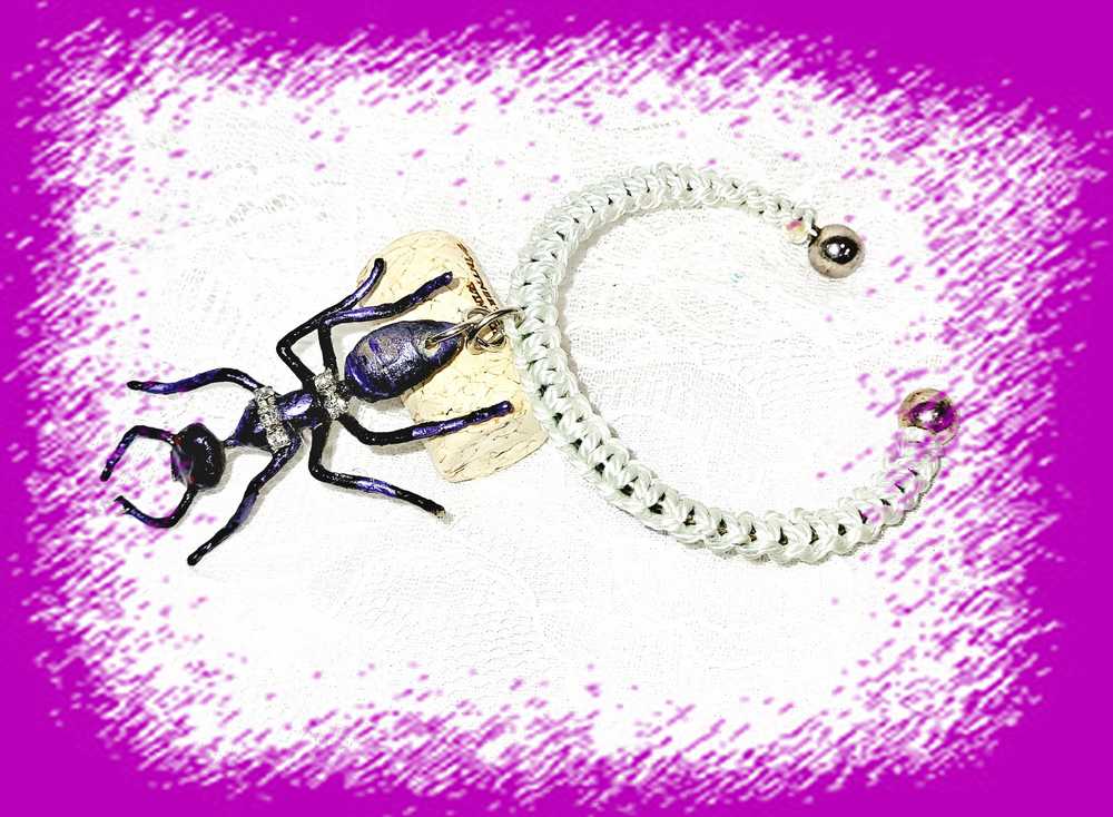 Giant Black Ant Bracelet Encrusted with Rhinestones For Halloween, Punk, Goth, White Braided Open Bangel