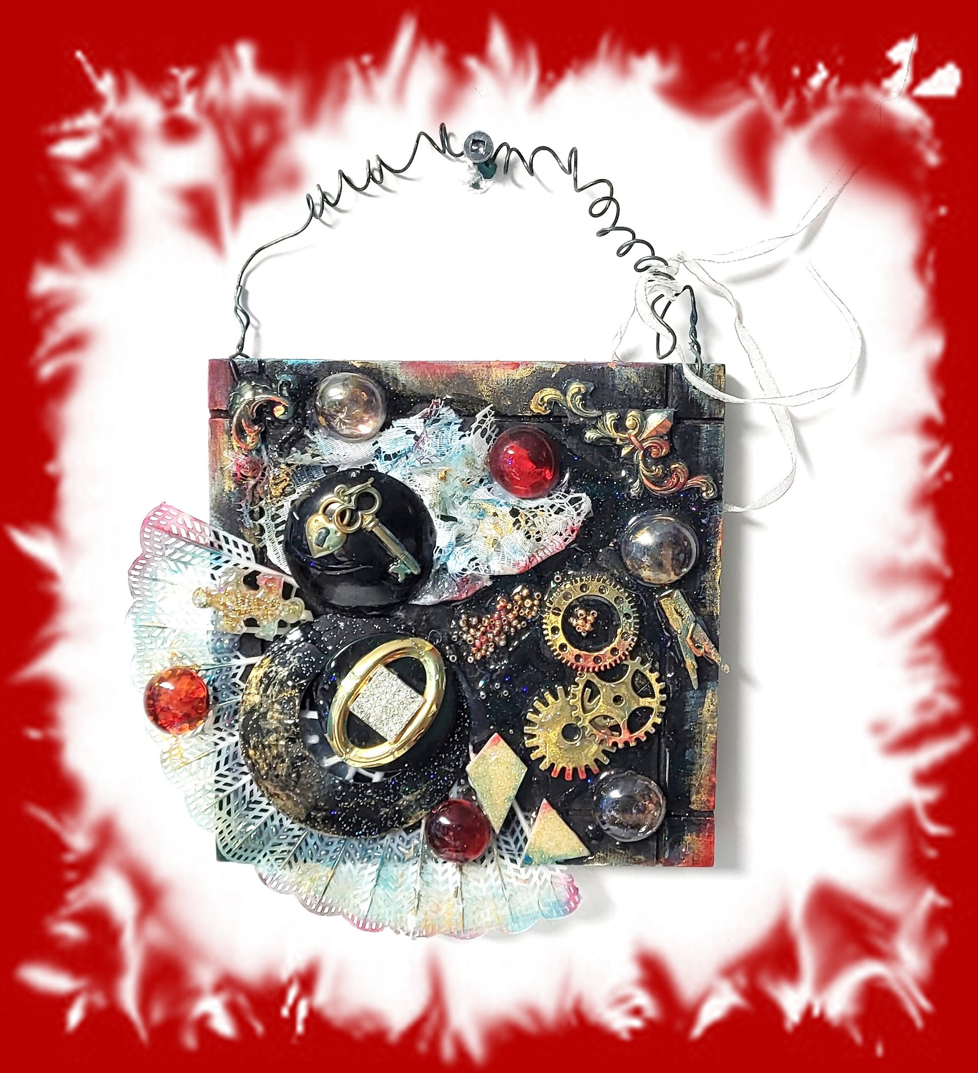 Black Gothic Wall Plaque with Gears, Buttons, Lace, Keys and Recycled Jewelry, Curly Wire for Hanging