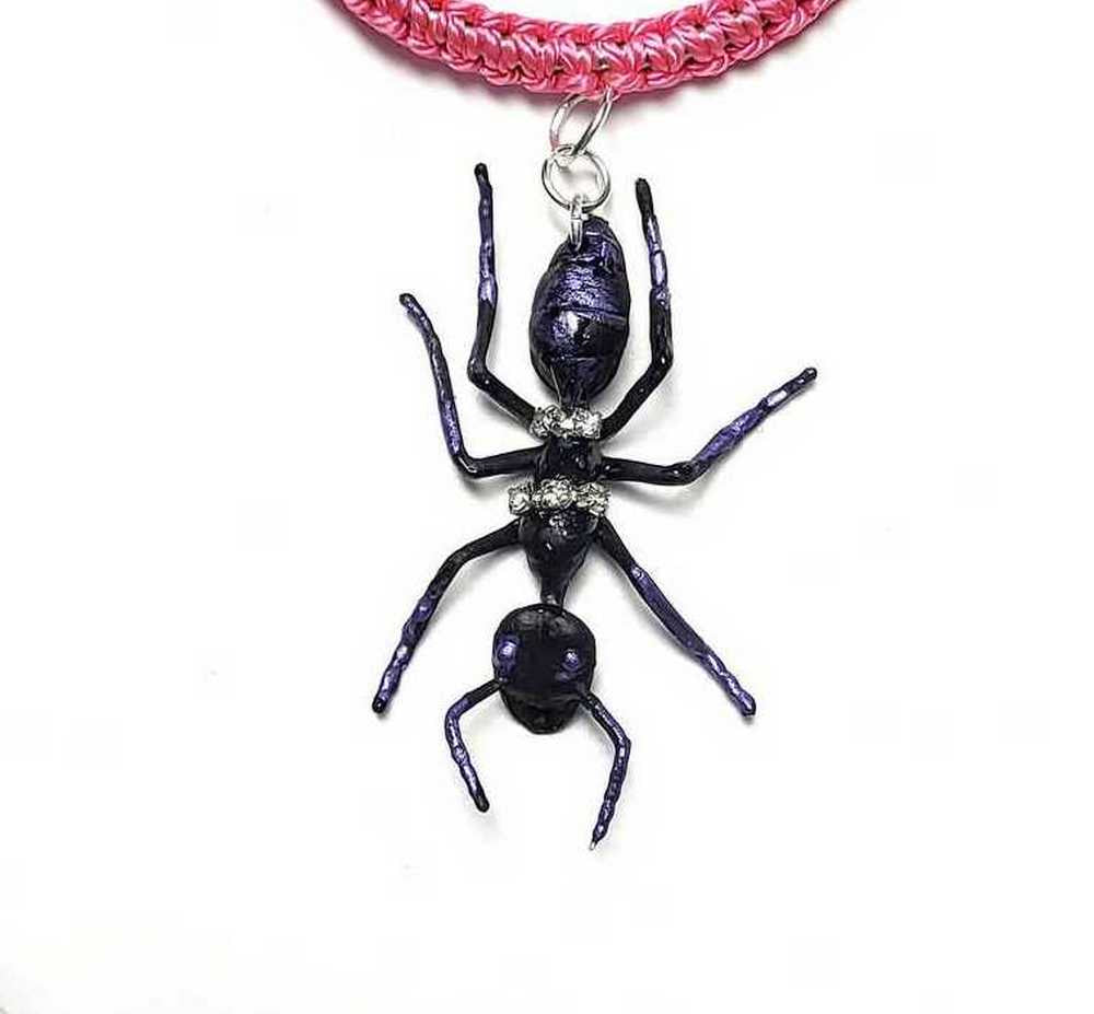 Eerie, Creepy Braided Pink Adjustable Bracelet with an Enormous Black Ant with Hint of Purplle Accents and Clear Rhinestones Across its Back