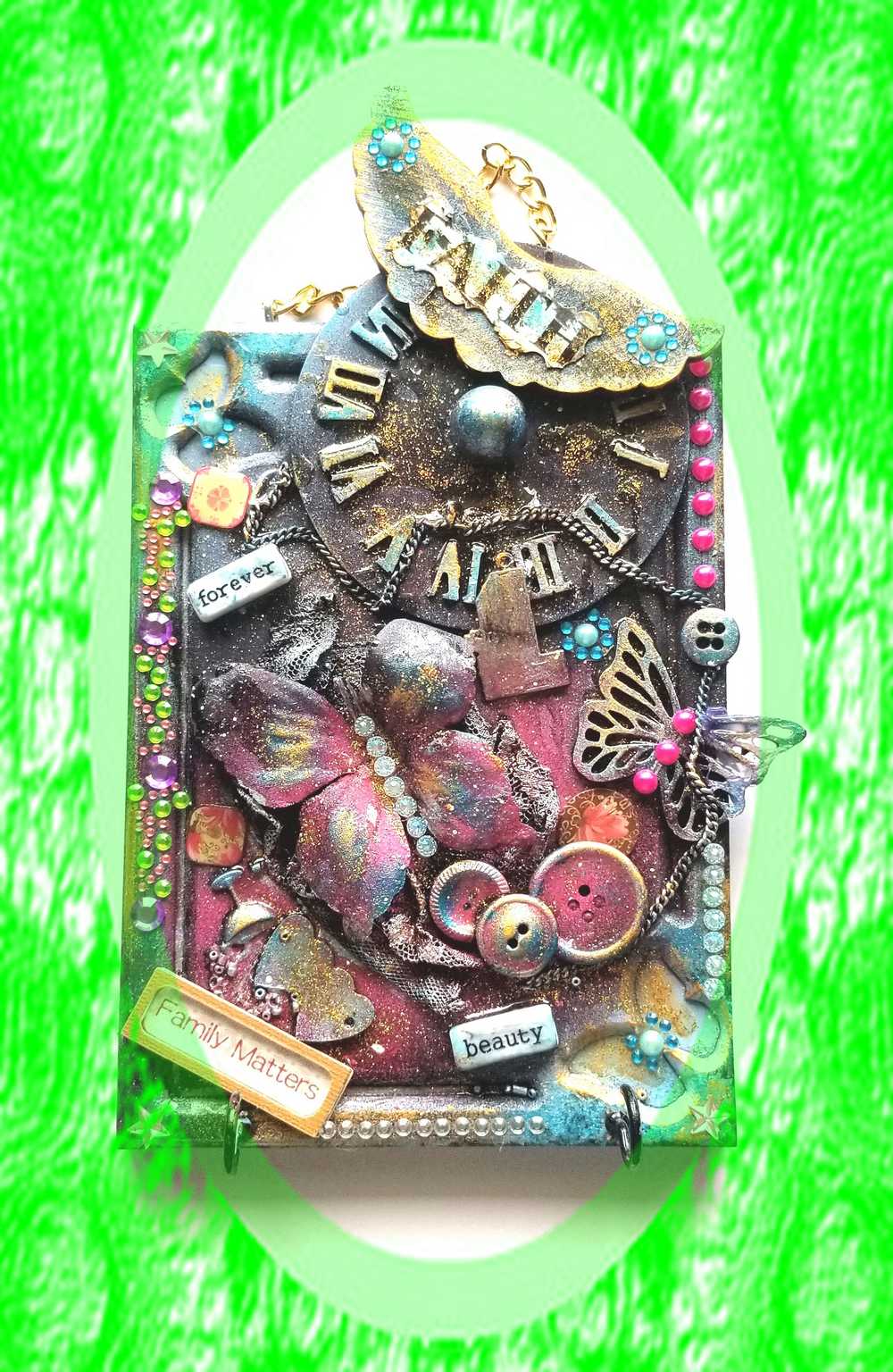 "Faith" Wood Wall Decor With Clock Face, Angel Wings & Butterflies, with Key Hooks