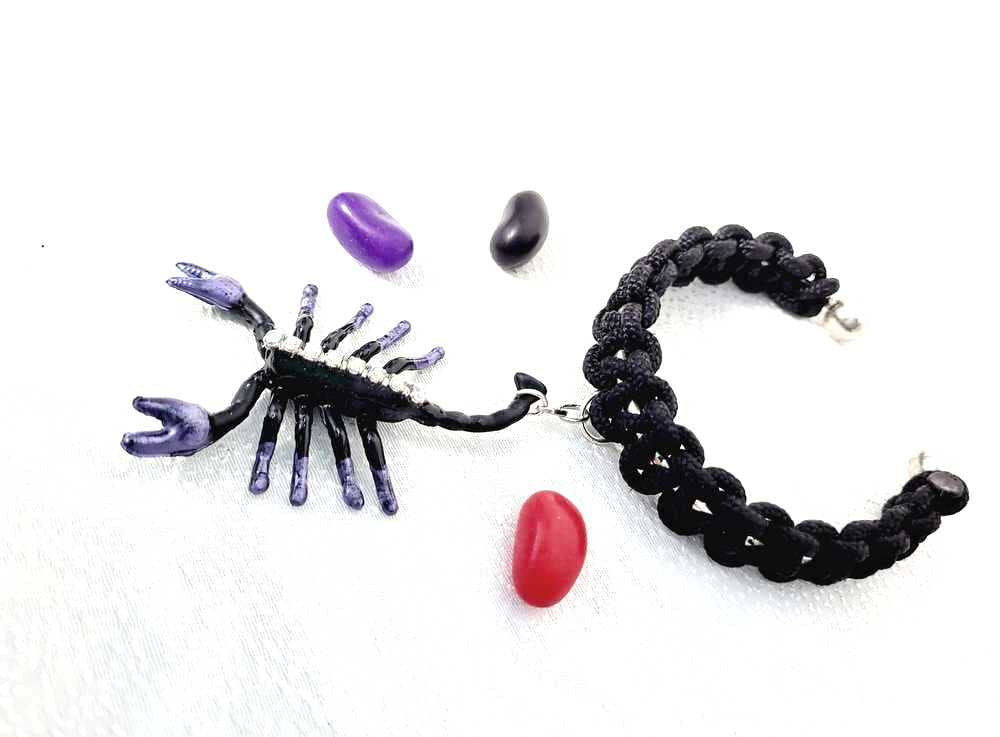 Creepy, Scary, Black Braided Open Bracelet with a Black & Purple Gem Encrusted Scorpion for Halloween or Everyday Wear