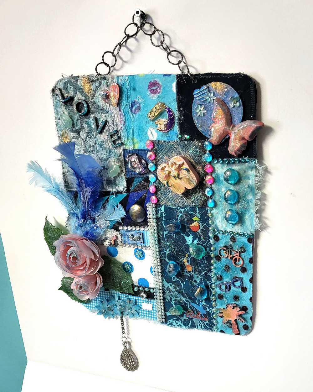 "SWEET TREAT" Wall Collage Hanger using Fabrics in Soft Blues and Teals, Wall Art