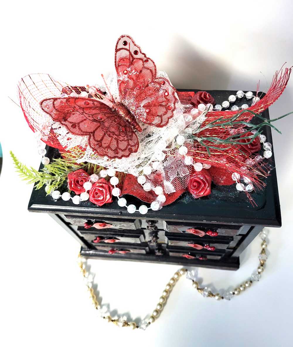 Black & Red 3 Drawer Ladies Jewlery Box with a Red Butterfly, Red & White Lace with Hearts on the Handles