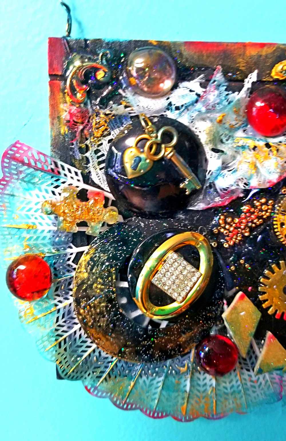 Black Gothic Wall Plaque with Gears, Buttons, Lace, Keys and Recycled Jewelry, Curly Wire for Hanging