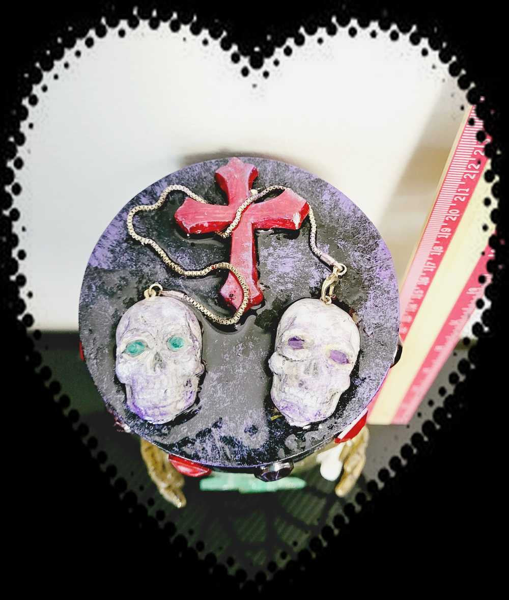 1 litre Mason Jar Filled with Hard Candy. With a Wooden Lid with Resin Skulls & a Cross