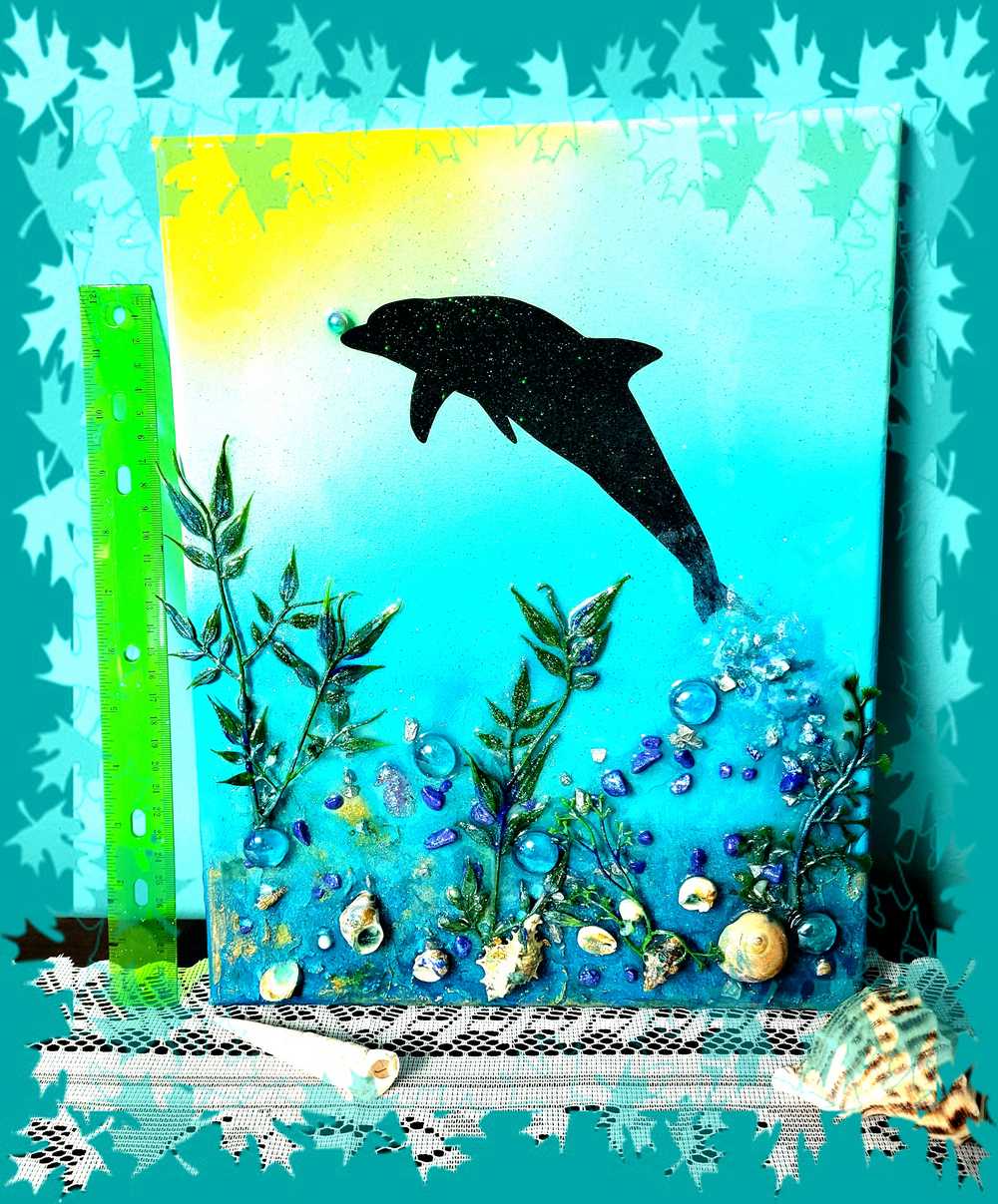 3D Canvas Resin Art with a Silhouette of a Dolphin, Seashells, Rocks and Foliage, 30 x 40 cm