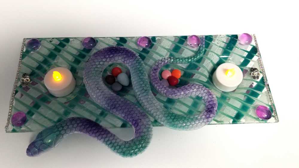 Teal & Purple Glass 4 Candle Holder with Resin Snake, Candy Dish