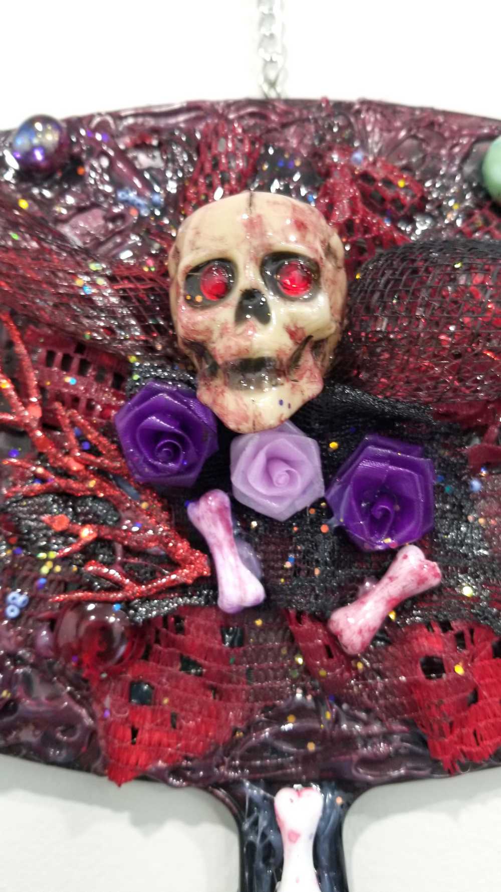 Black Hand Mirror, with Skull, Bones, Black & Red Lace, Goth Art