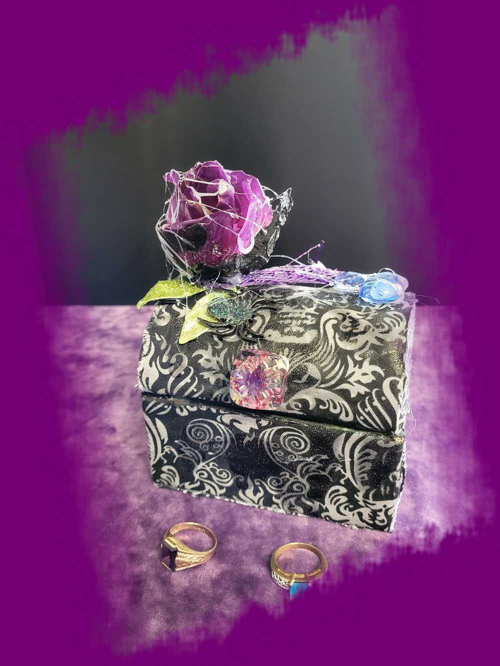 Hump Back Jewelry, Stash, Trinket Box, Covered with Black Skull Fabric, a Purple Rose, Blue Glass Cabochons, Spider,