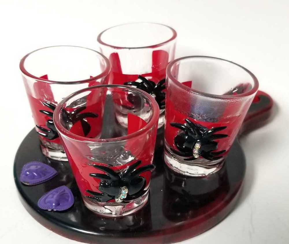 4 Shot Glasses in Red with Black Spiders with Rhinestones