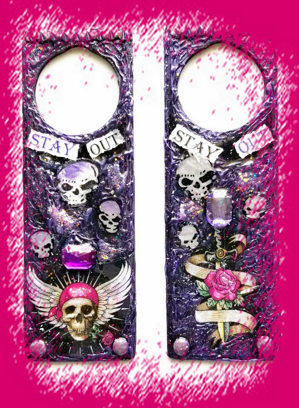 "Stay Out" Door Knob Signs with Skulls, a Dagger, a Rose and a Heart in Black & Purple