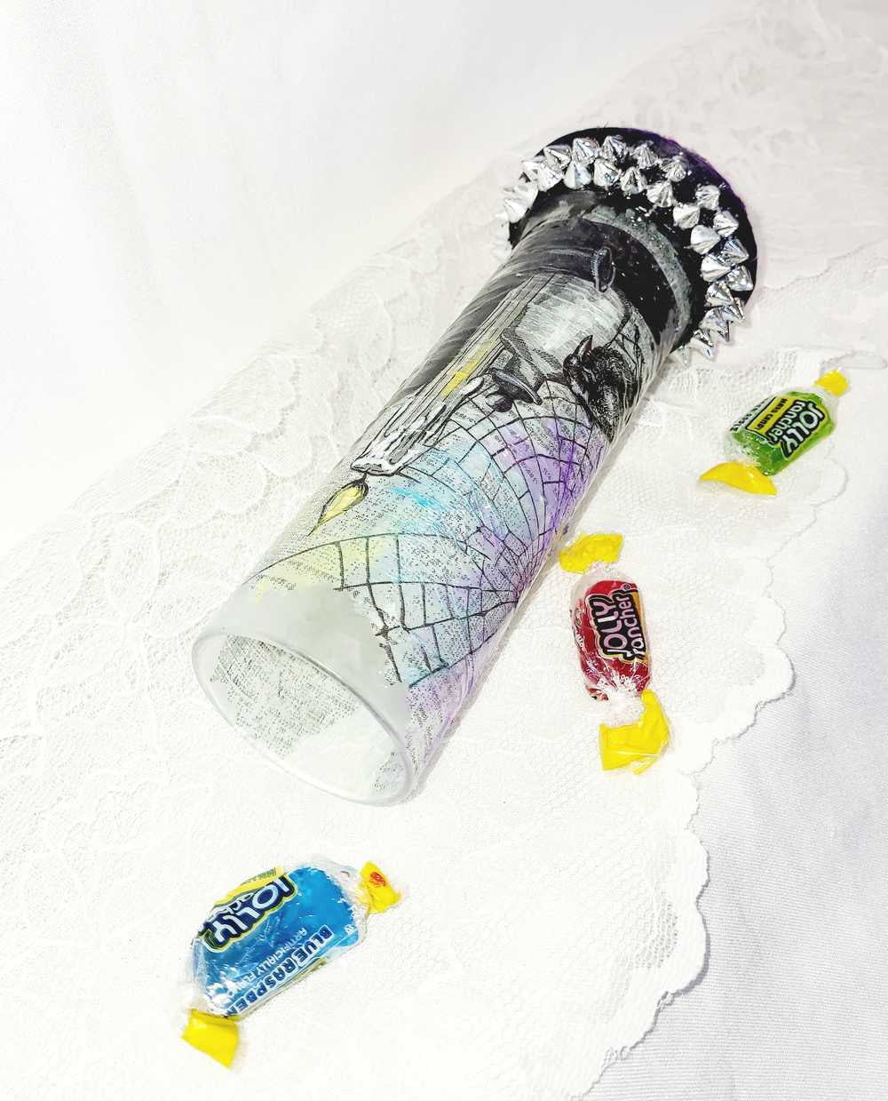 Glass Vase with Decoupage Crow, Potion Bottles, Candles, Cobwebs and Silver Studs, Gothic, Punk, Witch