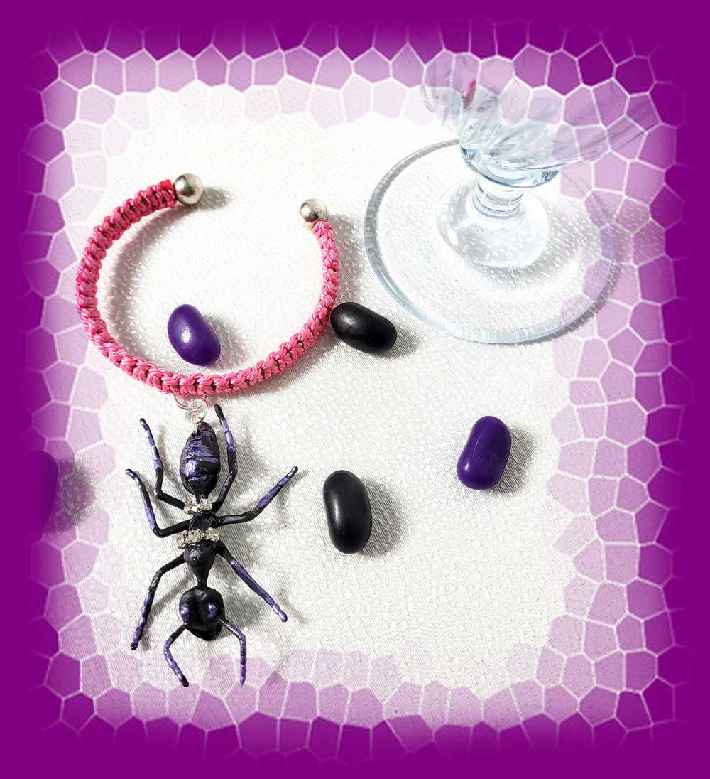Eerie, Creepy Braided Pink Adjustable Bracelet with an Enormous Black Ant with Hint of Purplle Accents and Clear Rhinestones Across its Back