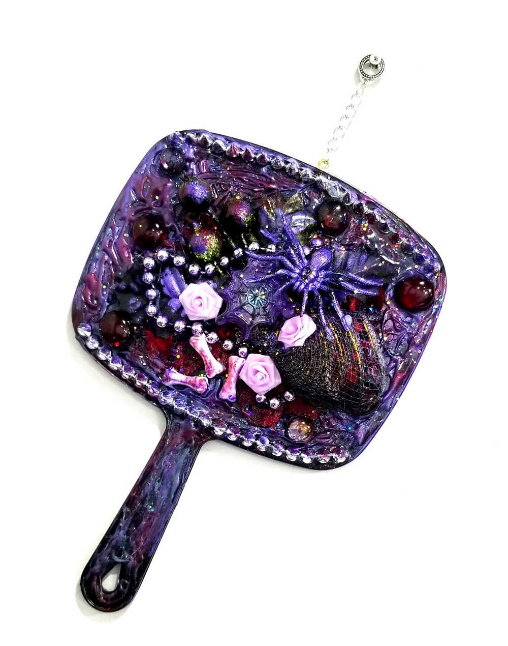 Black Hand Held Mirror with Bones, Roses, a Purple Spider and Her Web