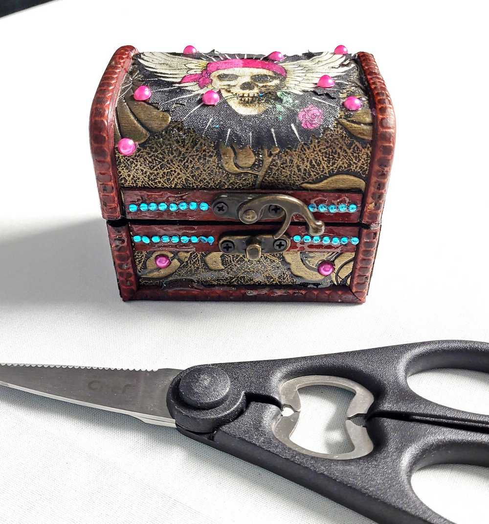 Business Card Holder like no other.  Fabric Skull with Wings Wearing a Burgundy Head Scarf