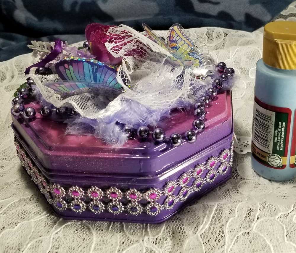 Tin Box Repurposed into a Jewelry Box, Two Butterflies and Deep Purple Rose on Lace