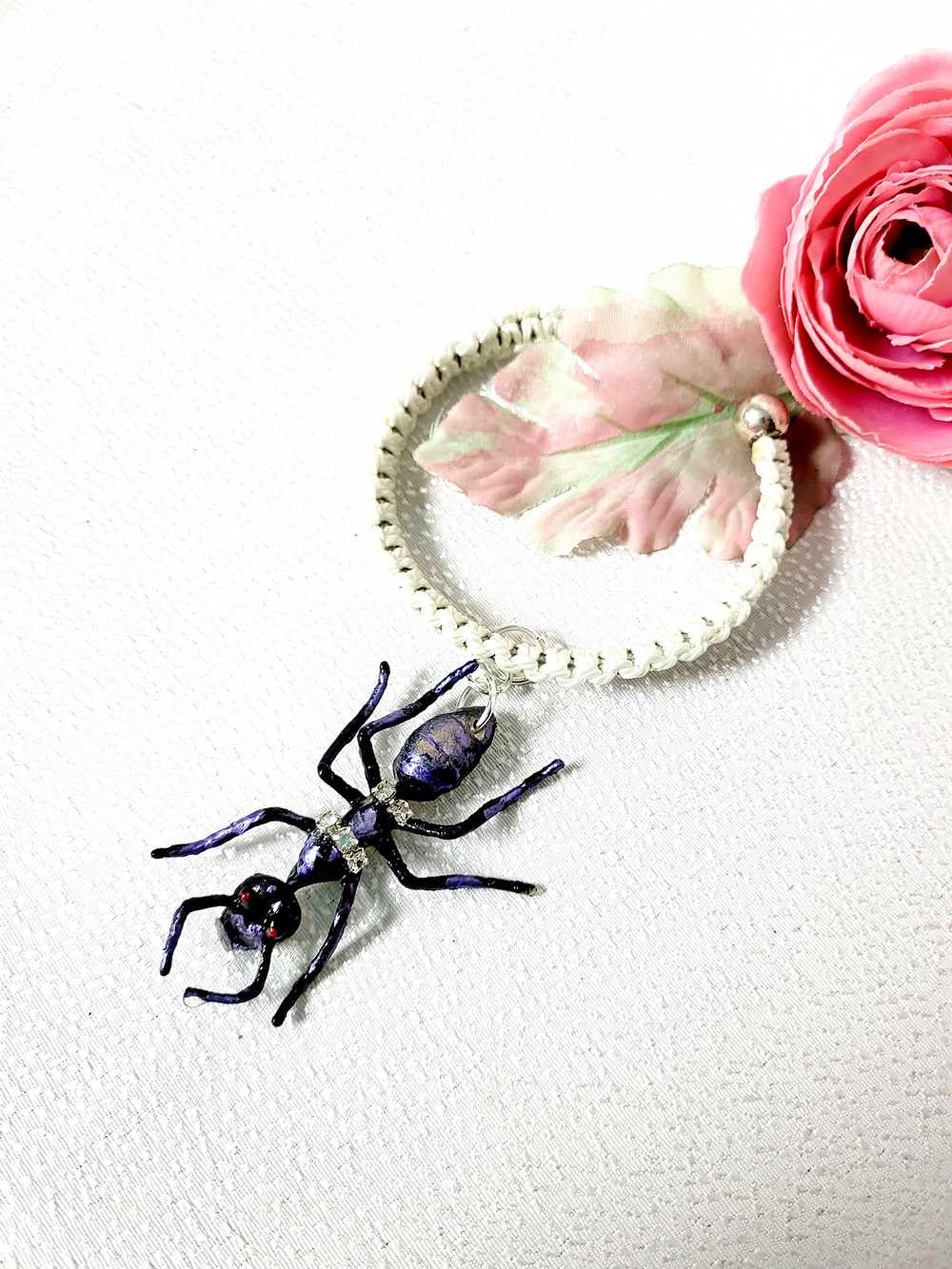 Giant Black Ant Bracelet Encrusted with Rhinestones For Halloween, Punk, Goth, White Braided Open Bangel