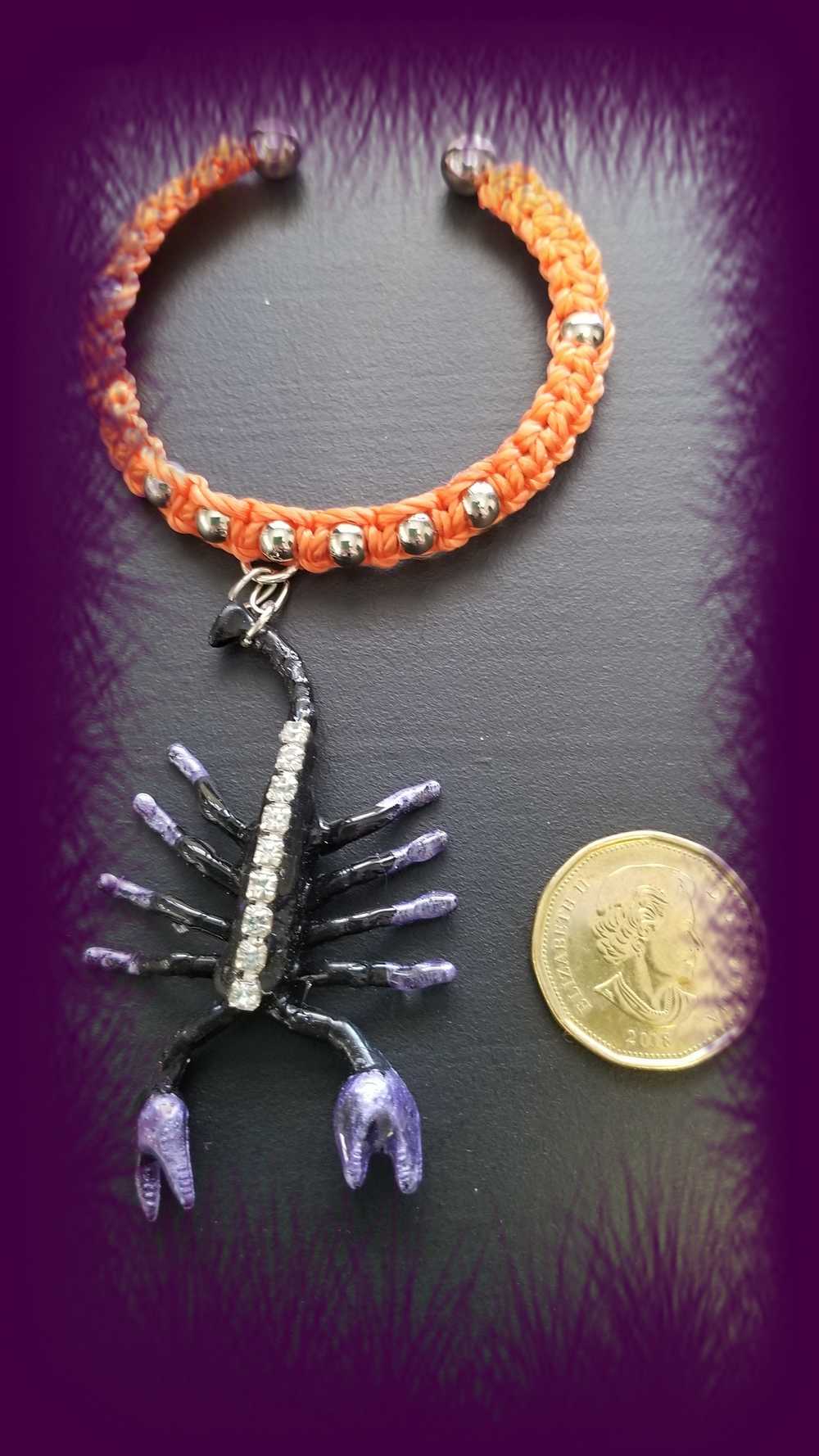Orange & Black Open Bracelet with Creepy Black Gem Encrusted Clear Rhinestones, For Halloween, Punk or Goth