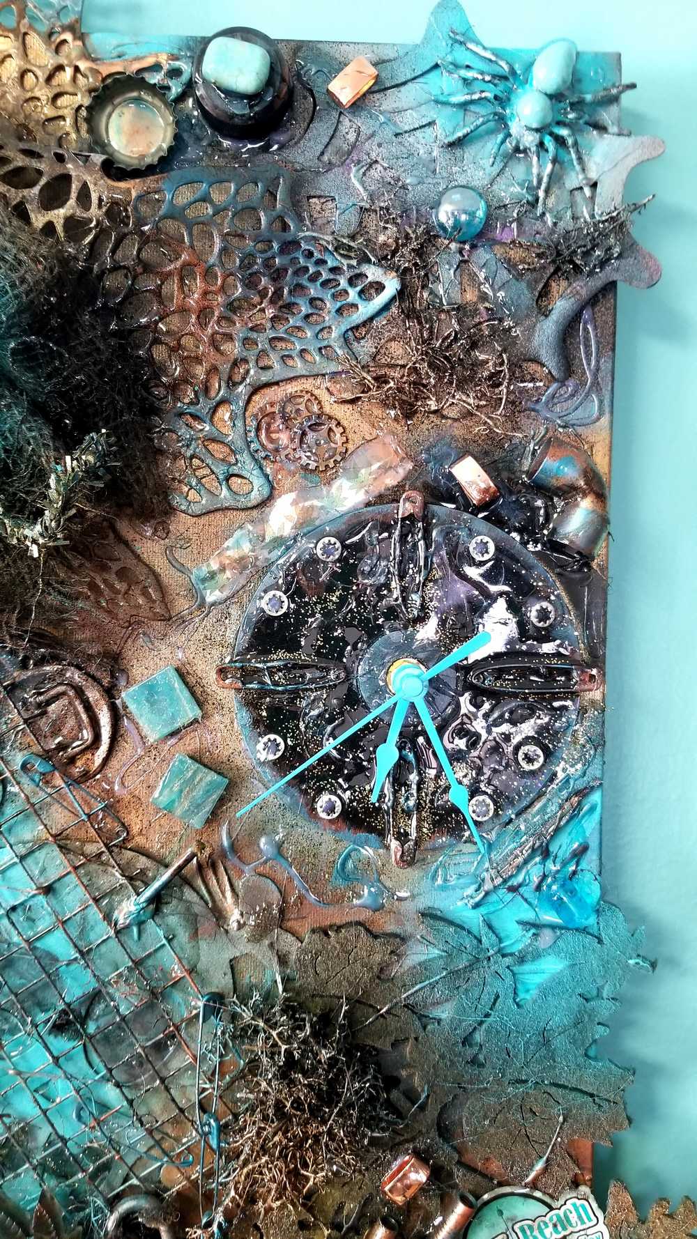 Creepy Skull Clock on 16 x 20 inch Canvas, with Chains, Nuts, Bolts, Teal Blue