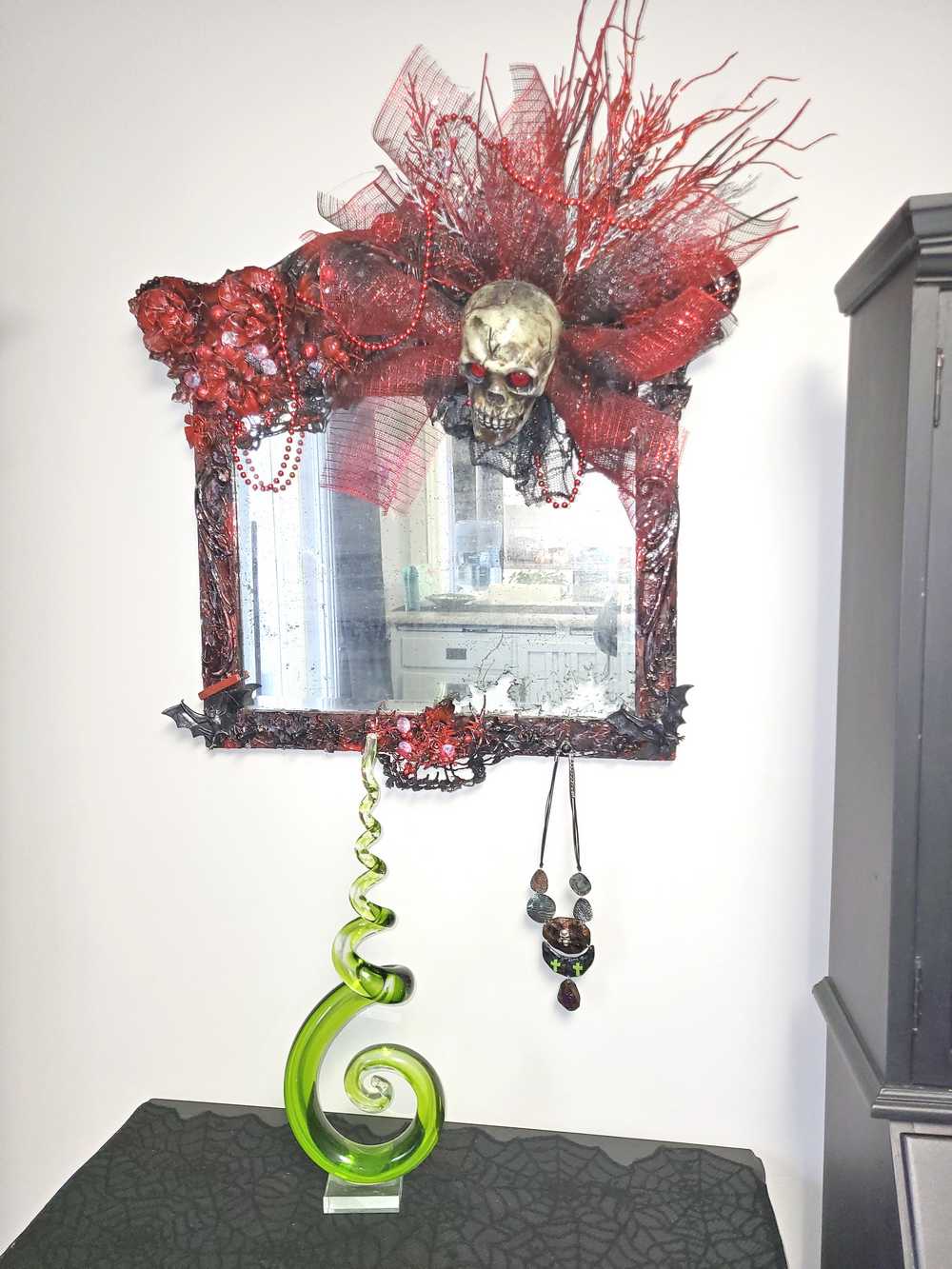 Large Antique Refurbished Skull Mirror in Red and Black with Bats & Spiders