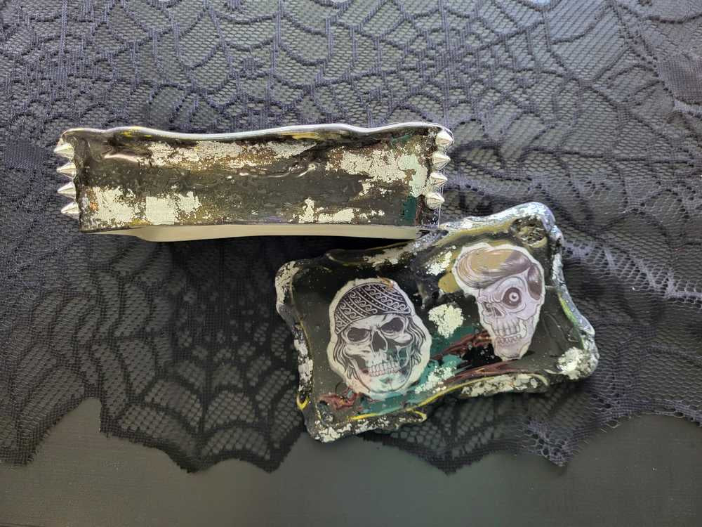 Black Painted Porcelain Trinket/Stash, Jewelry Box with Skull Faces and Silver Studded Domes