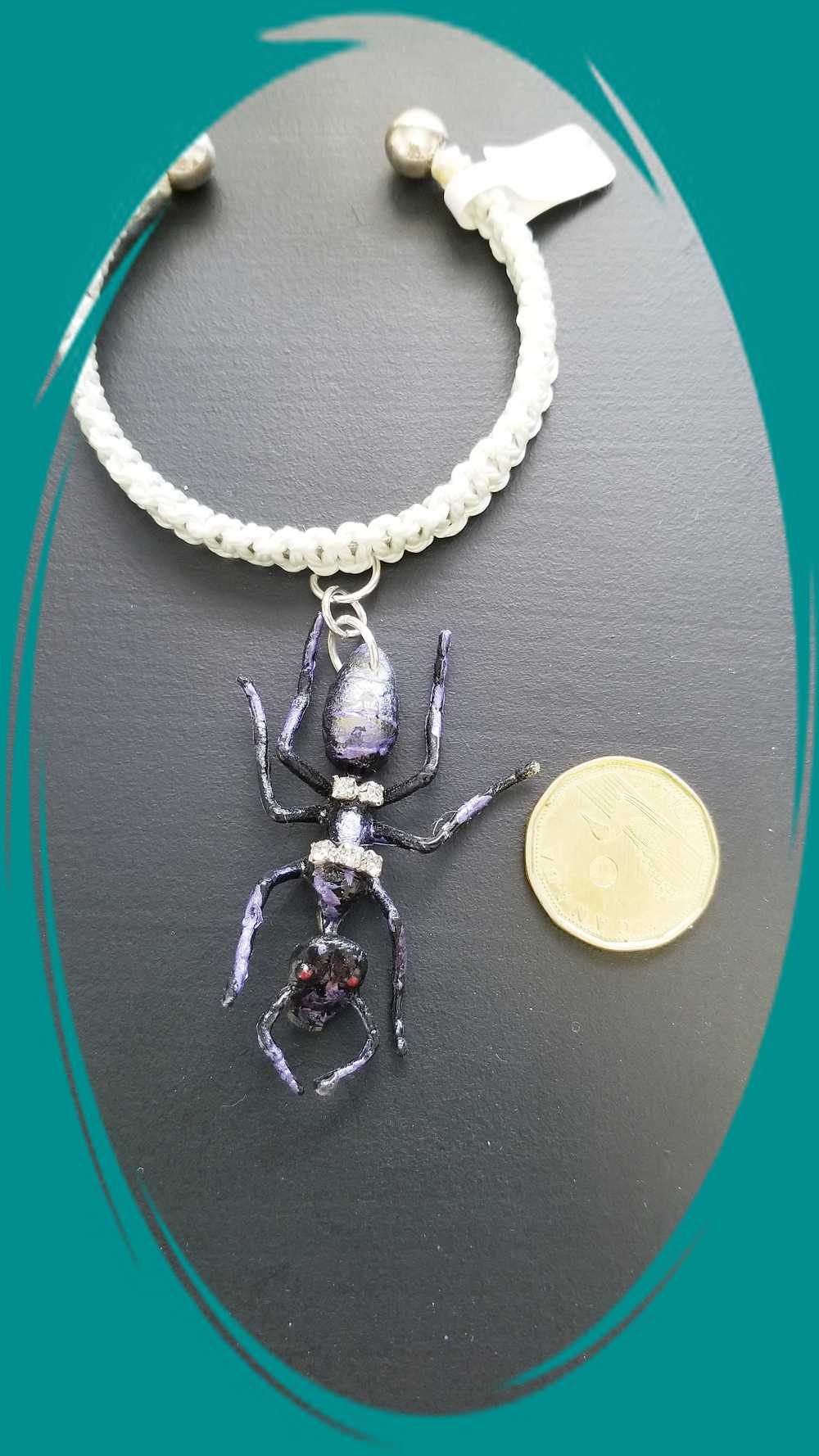 Giant Black Ant Bracelet Encrusted with Rhinestones For Halloween, Punk, Goth, White Braided Open Bangel