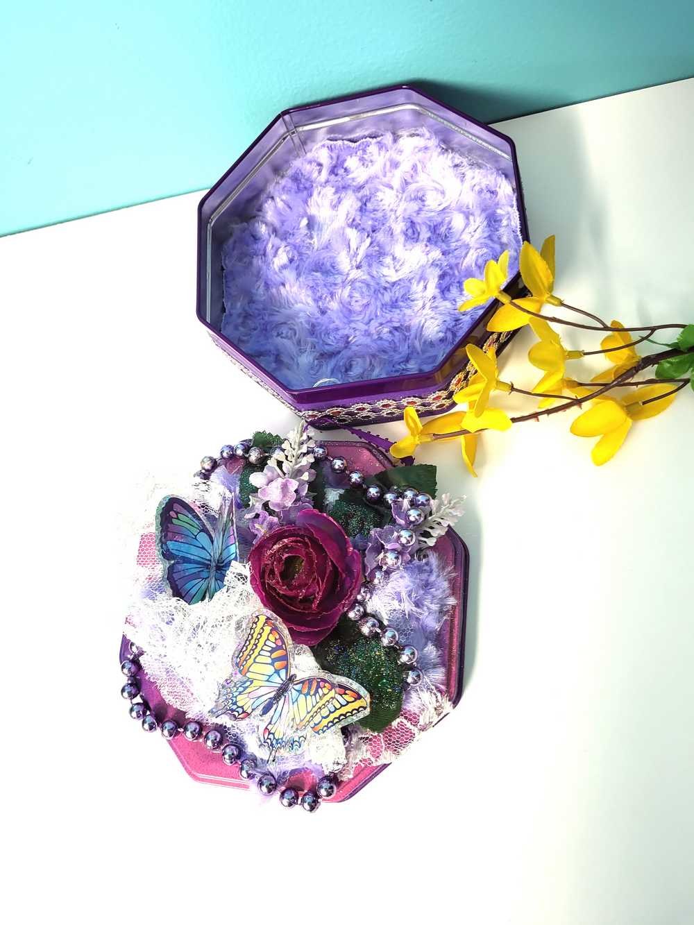 Tin Box Repurposed into a Jewelry Box, Two Butterflies and Deep Purple Rose on Lace