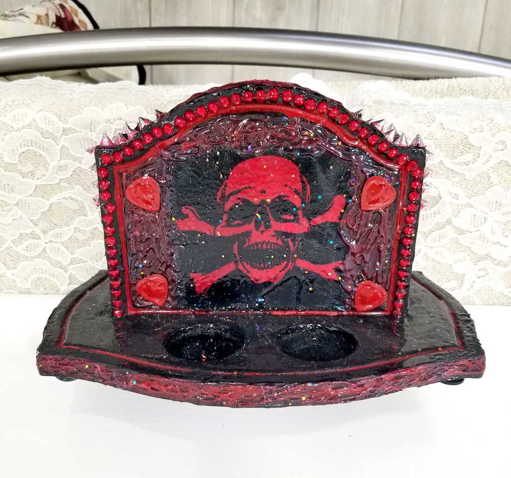 Black & Red Napkin Holder with Salt & Pepper Shakers Decorated with Red Cross & Bones Skull