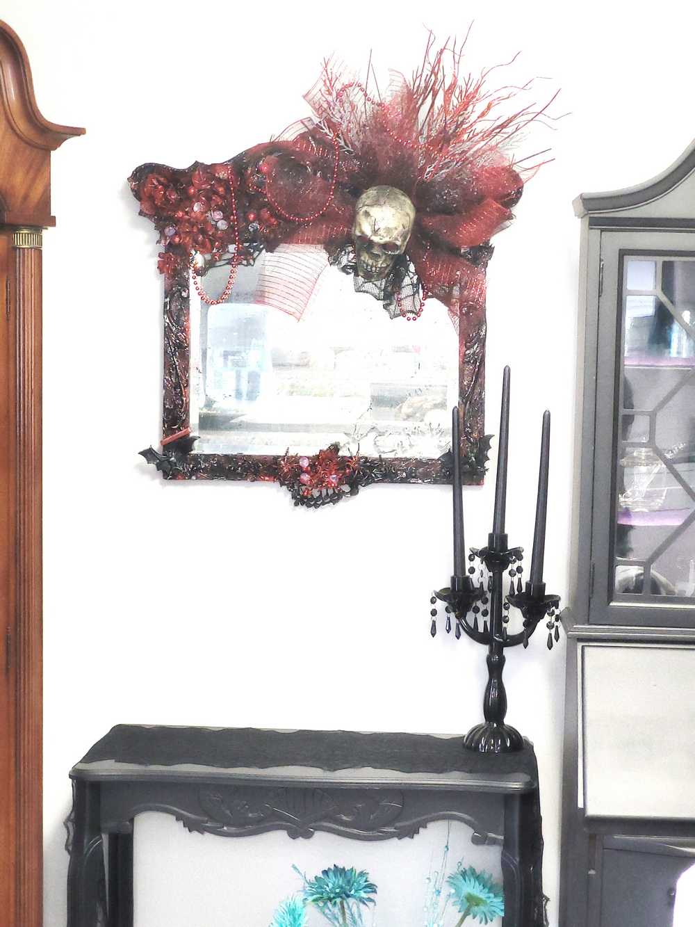 Large Antique Refurbished Skull Mirror in Red and Black with Bats & Spiders