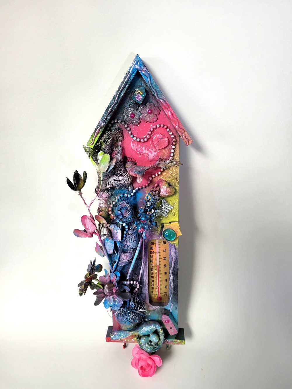 Colorful Wall Birdhouse Hanger with Thermometer