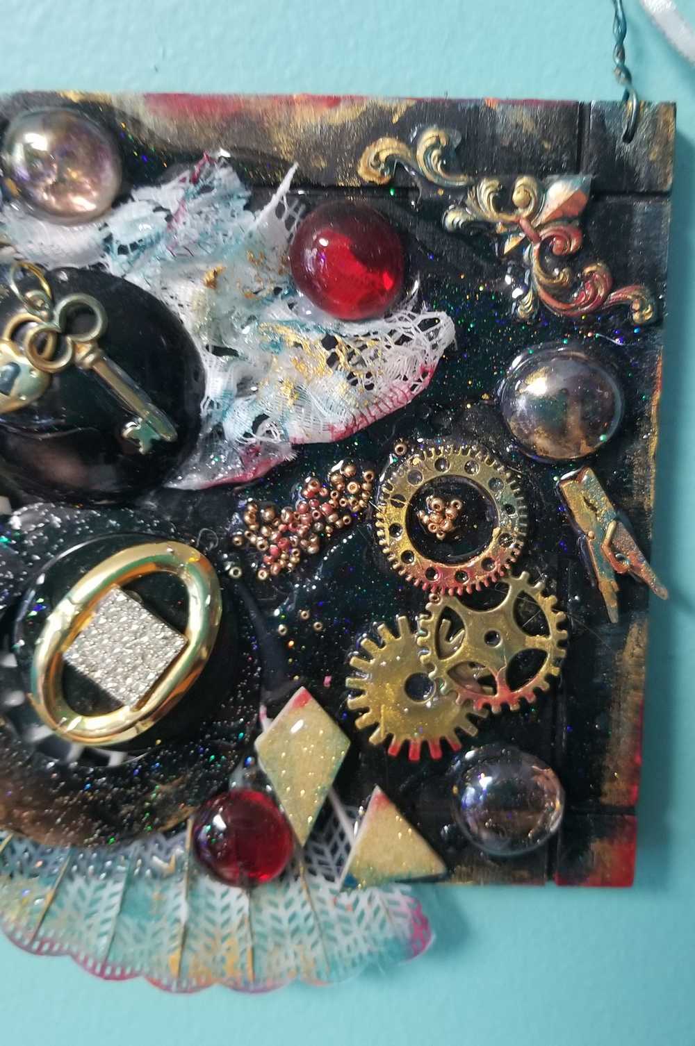 Black Gothic Wall Plaque with Gears, Buttons, Lace, Keys and Recycled Jewelry, Curly Wire for Hanging