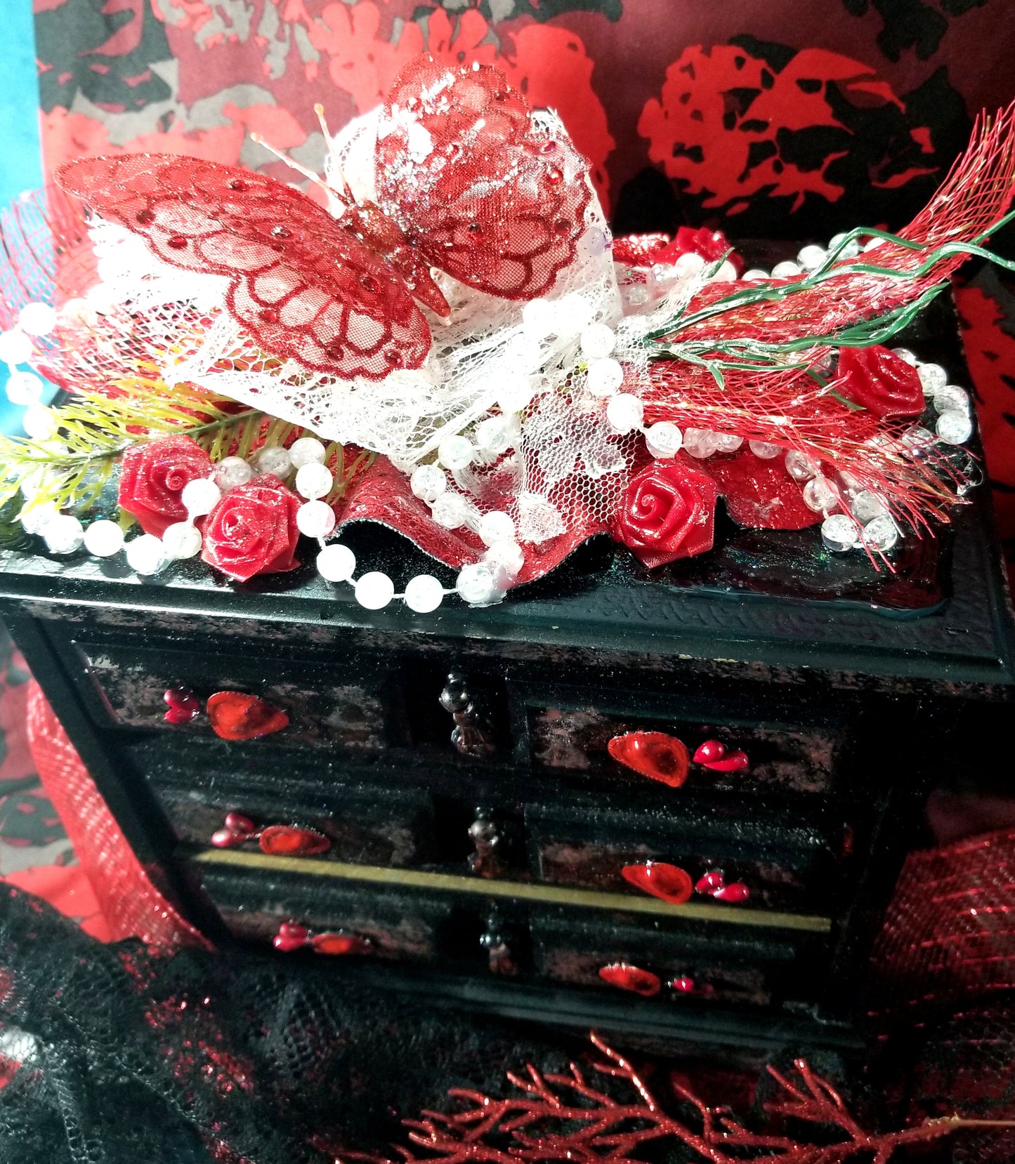 Black & Red 3 Drawer Ladies Jewlery Box with a Red Butterfly, Red & White Lace with Hearts on the Handles