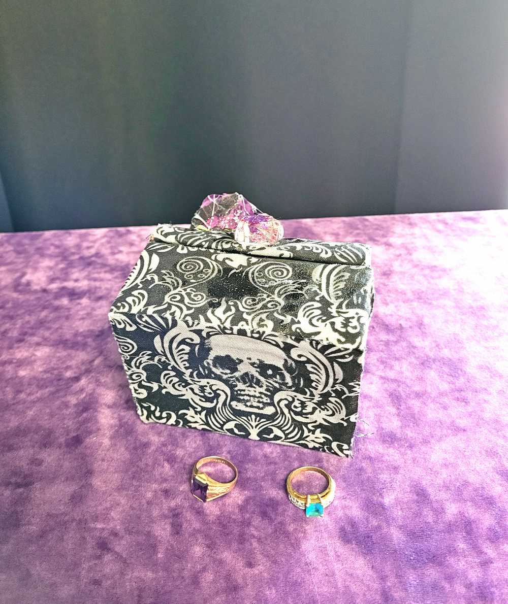 Hump Back Jewelry, Stash, Trinket Box, Covered with Black Skull Fabric, a Purple Rose, Blue Glass Cabochons, Spider,