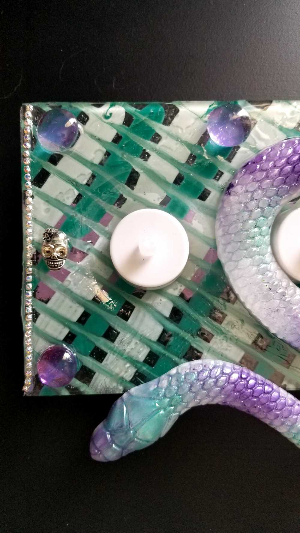 Teal & Purple Glass 4 Candle Holder with Resin Snake, Candy Dish