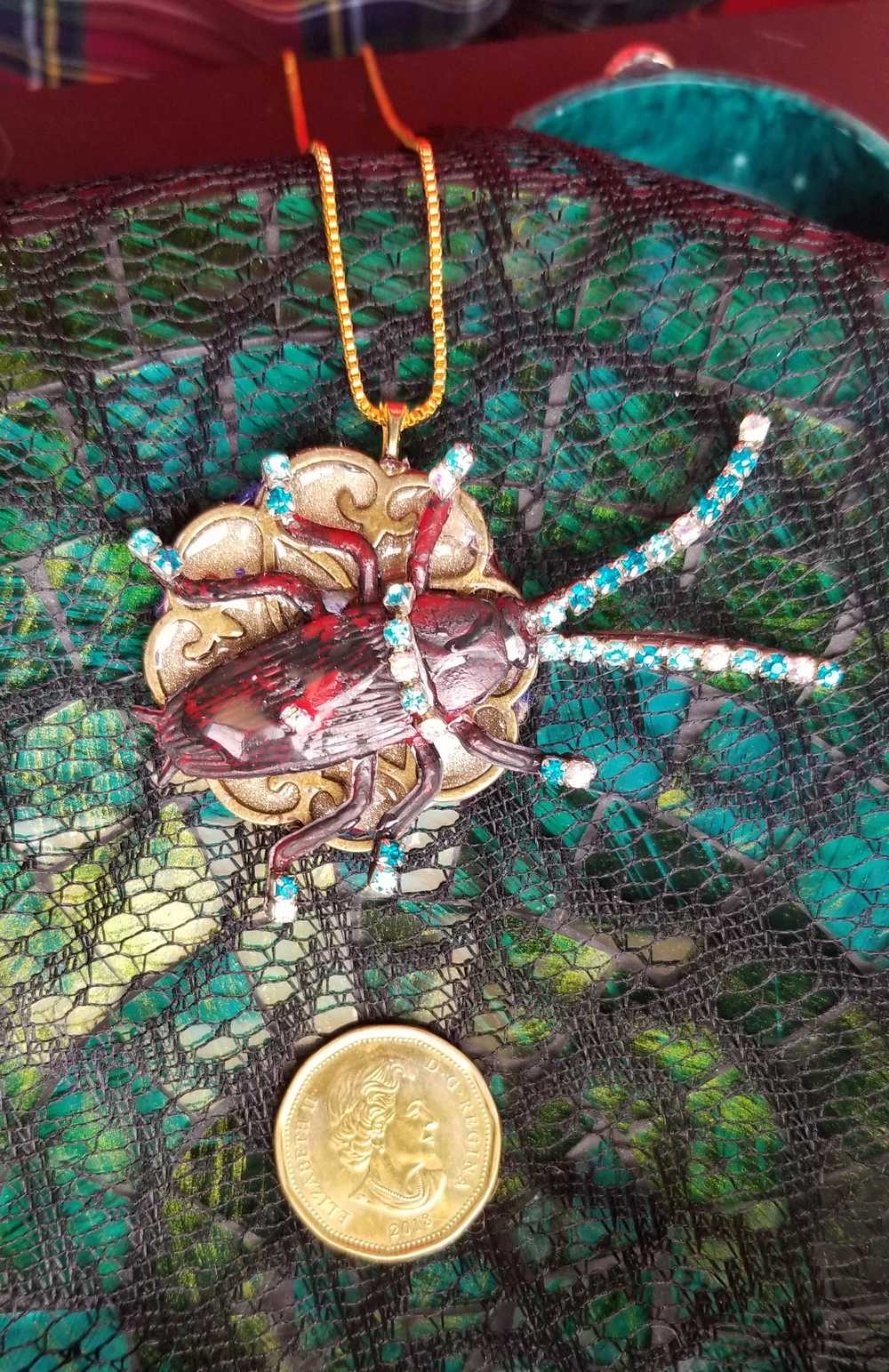Beetle Bug Necklace for Halloween or Everyday Wear, Teal & Clear Rhinestones