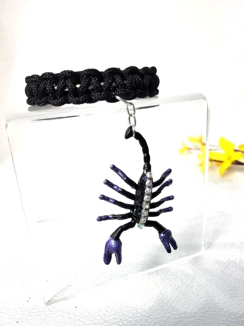 Creepy, Scary, Black Braided Open Bracelet with a Black & Purple Gem Encrusted Scorpion for Halloween or Everyday Wear