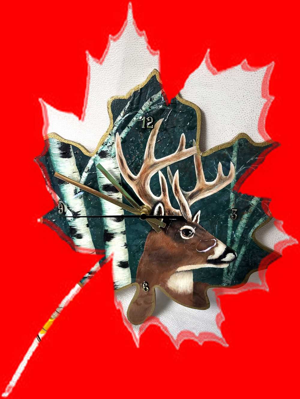 10 Point Buck, Hand Painted, Original Design Deer Clock on Wooden Leaf