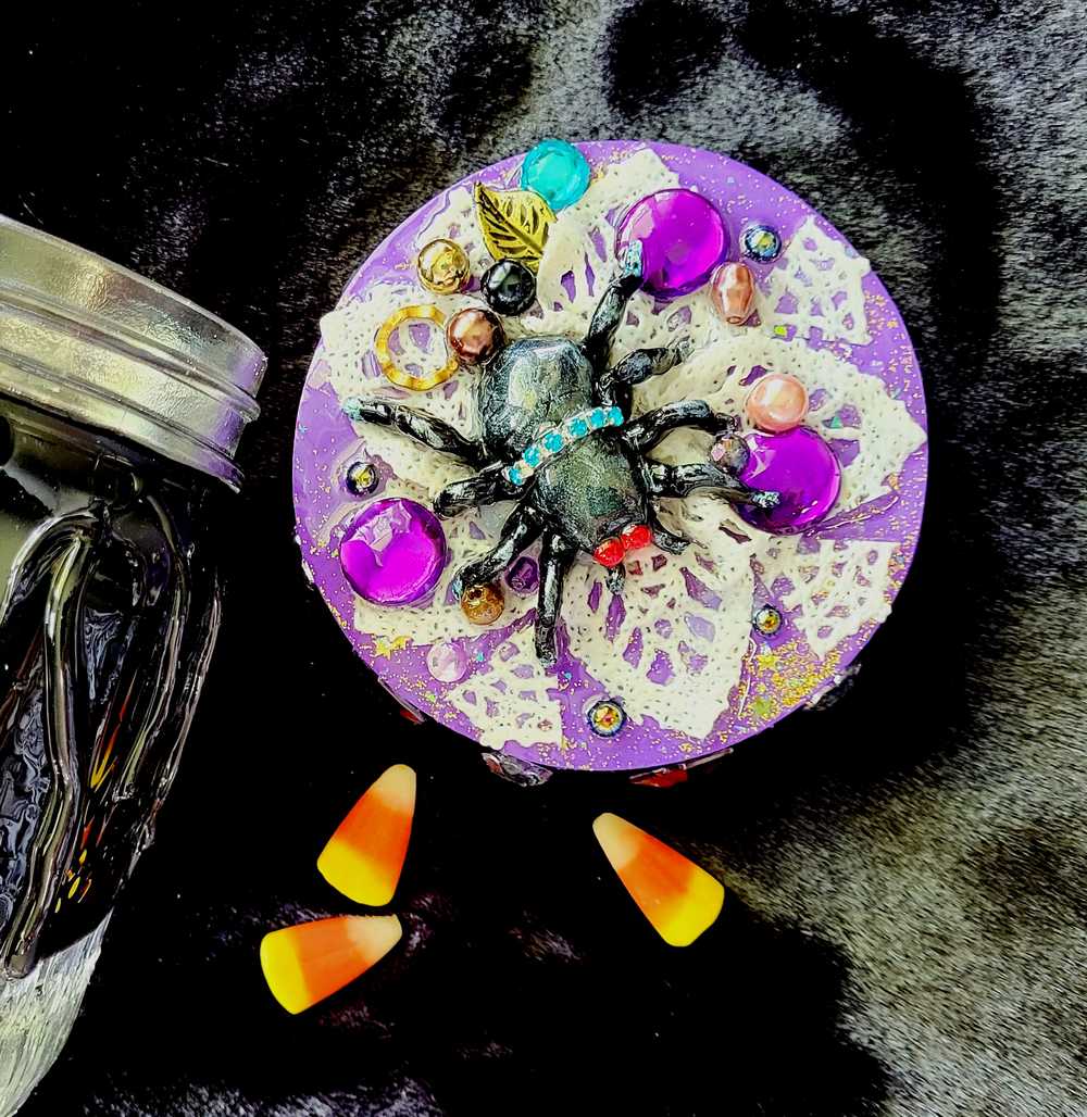 Decorated Mason Jar to fill with Your Favorite Candy, Spices, Dry Goods for Halloween or Everyday, Large Spider on Wooden Lid