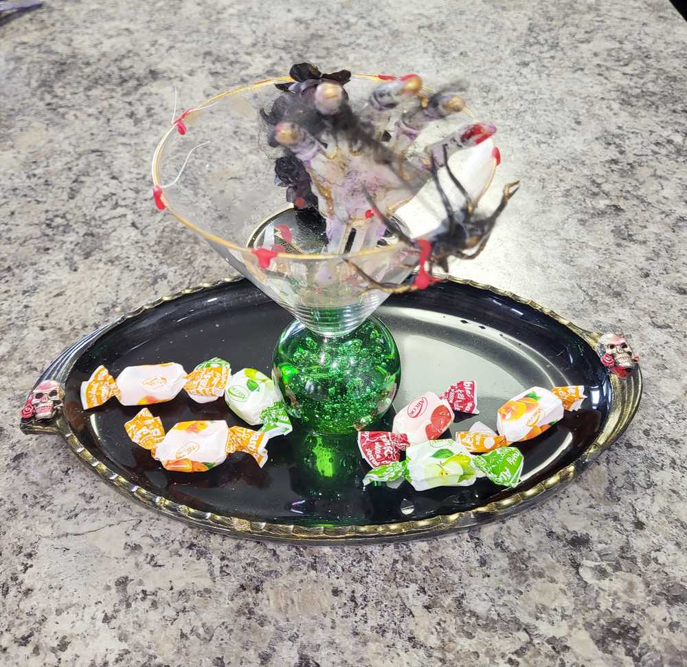 Creppy Haloween or Everyday Cocktail Glass Recycled into a Candy Tray with Spiders & a Skeleton Hand