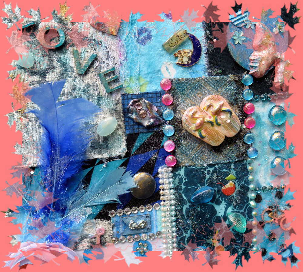 "SWEET TREAT" Wall Collage Hanger using Fabrics in Soft Blues and Teals, Wall Art