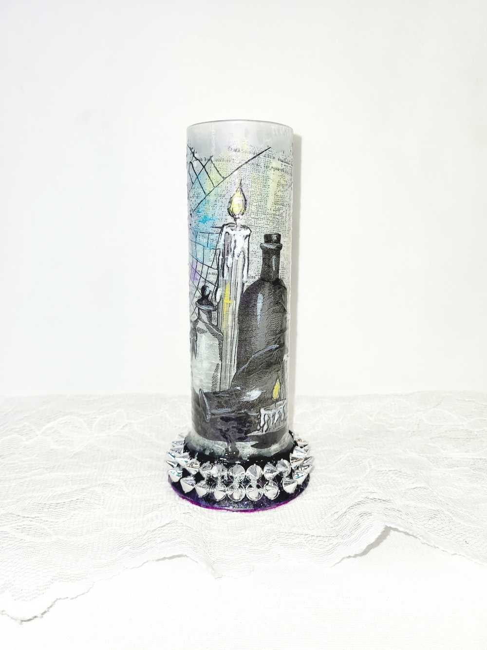 Glass Vase with Decoupage Crow, Potion Bottles, Candles, Cobwebs and Silver Studs, Gothic, Punk, Witch