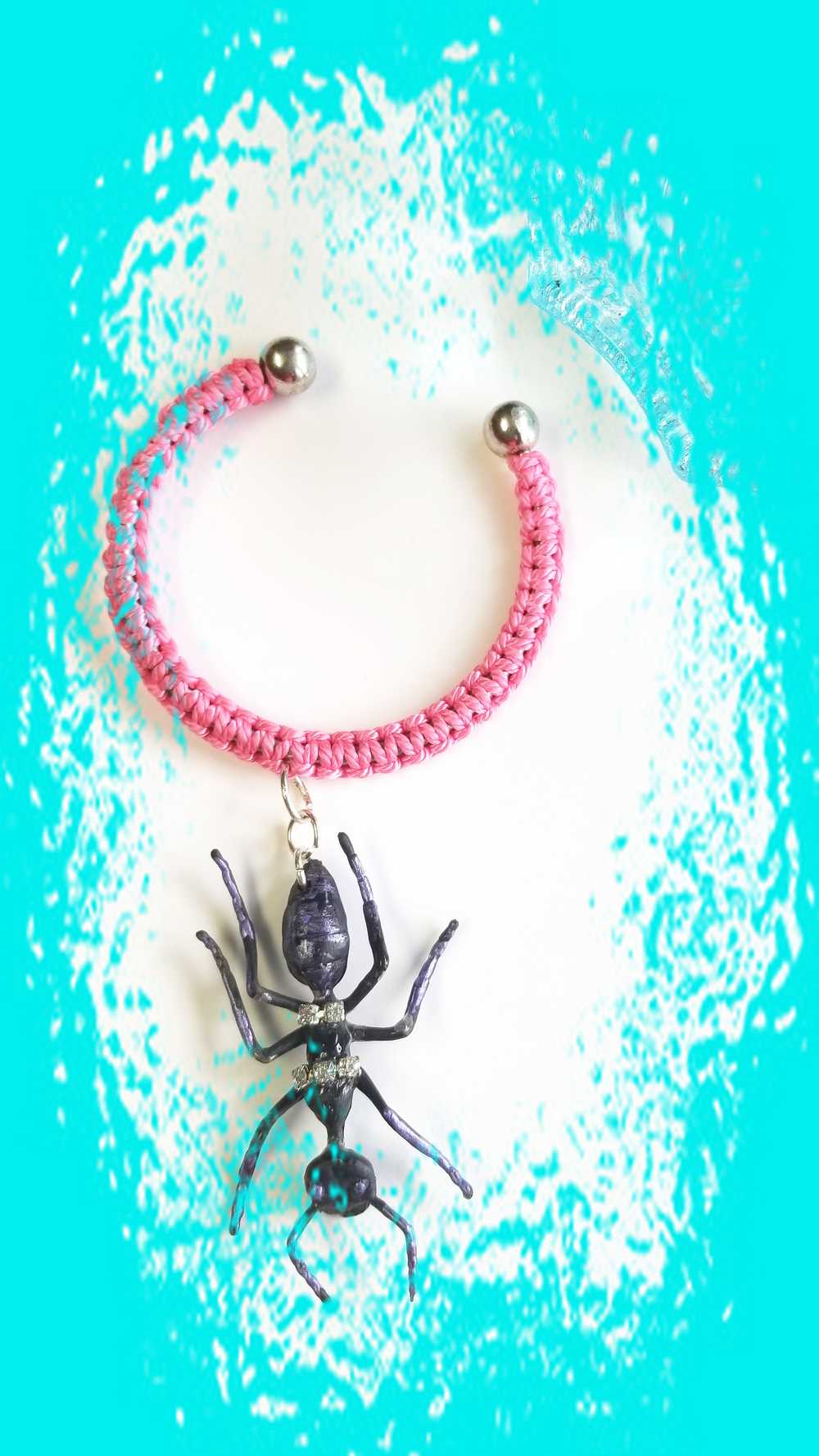 Eerie, Creepy Braided Pink Adjustable Bracelet with an Enormous Black Ant with Hint of Purplle Accents and Clear Rhinestones Across its Back