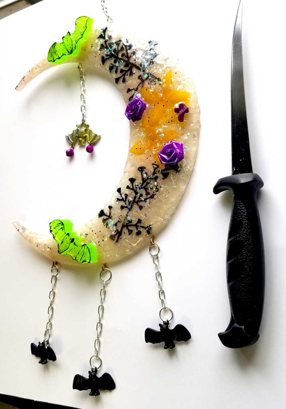 Resin Quarter Moon Bats, Spiders and Flowers
