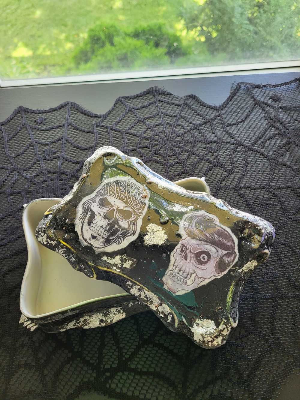 Black Painted Porcelain Trinket/Stash, Jewelry Box with Skull Faces and Silver Studded Domes