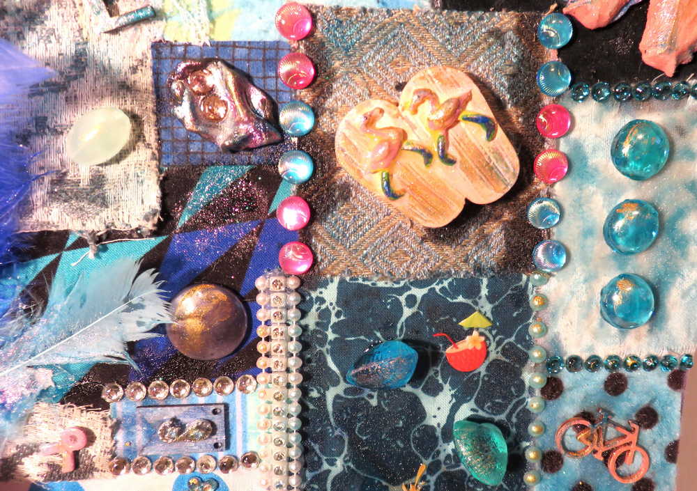 "SWEET TREAT" Wall Collage Hanger using Fabrics in Soft Blues and Teals, Wall Art